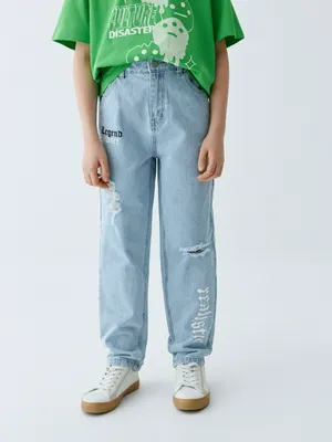Джинсы Baggy с принтом для мальчиков, голубой, белый, арт. BG001