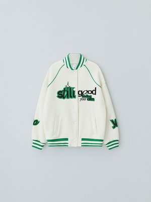 Бомбер в стиле преппи для девочек, молочный, зеленый, арт. BOMBER001