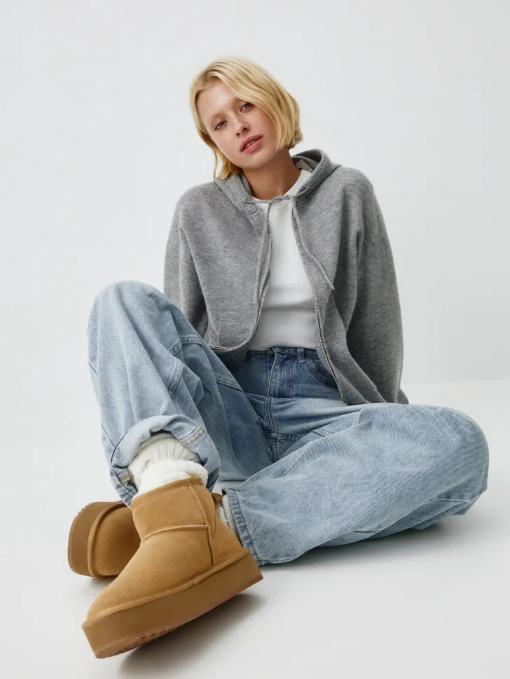 Угги из натуральной замши и с натуральным мехом, бежевый, арт. 14906