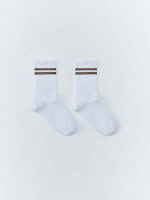 Носки в рубчик с полосками, белый, коричневый, арт. 14954