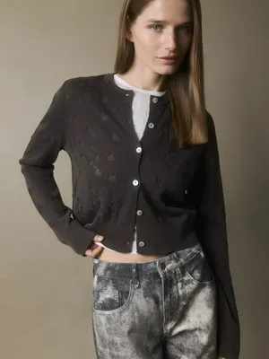 Укороченный рваный кардиган из вискозы и льна, темно-коричневый, арт. 12345