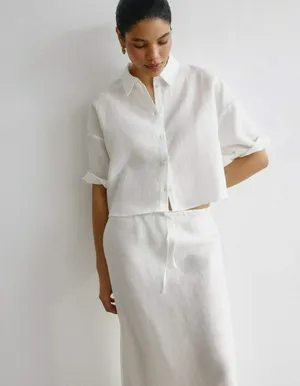 Укороченная льняная рубашка, белый, арт. A123