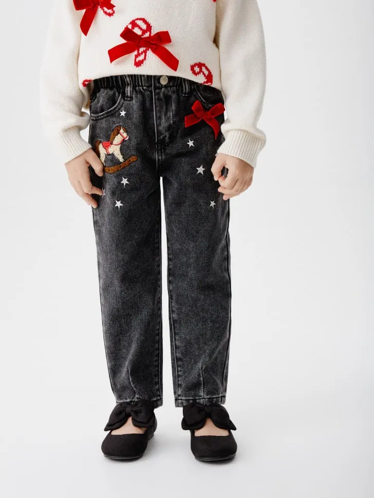 Джинсы Paperbag fit с блестящим принтом для девочек, серый, арт. 15207