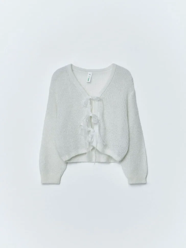 Вязаный кардиган из смесовой шерсти с бантиками, белый, арт. 15223