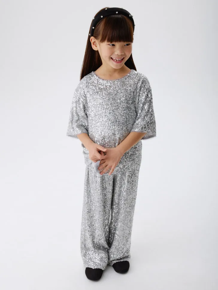 Широкие брюки с пайетками для девочек, серебристый, арт. 15246