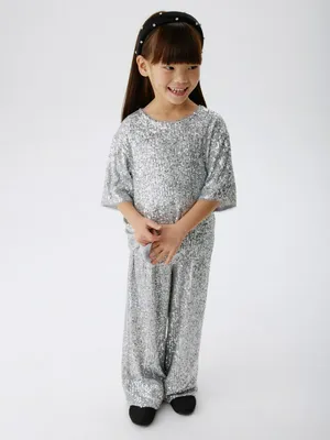 Широкие брюки с пайетками для девочек, серебристый, арт. 15246