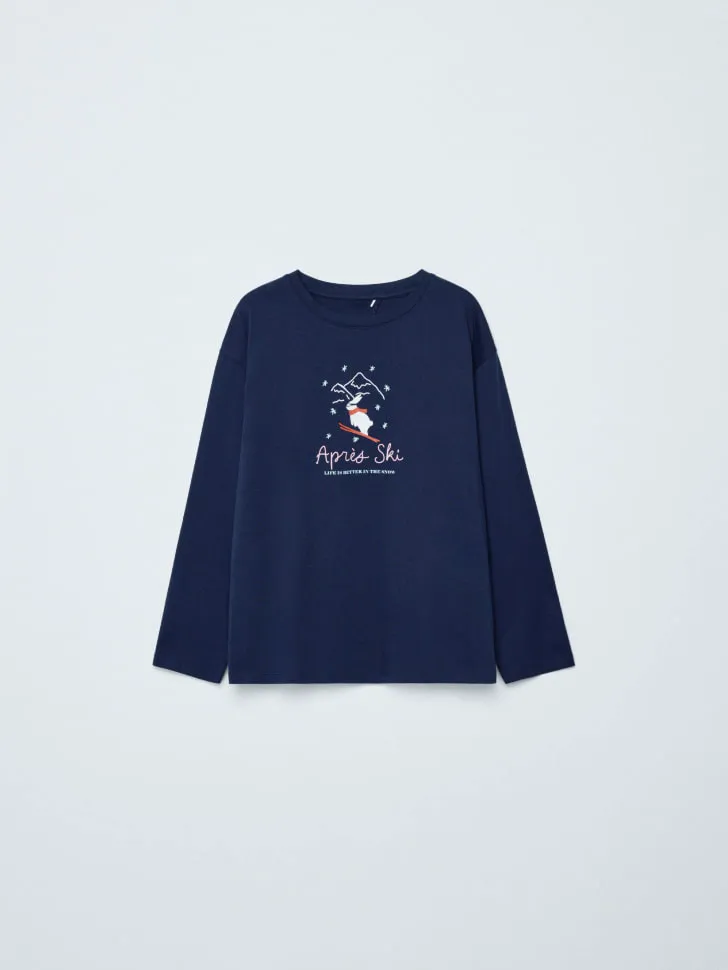 Домашний лонгслив оверсайз с принтом и вышивкой, синий, арт. 15260