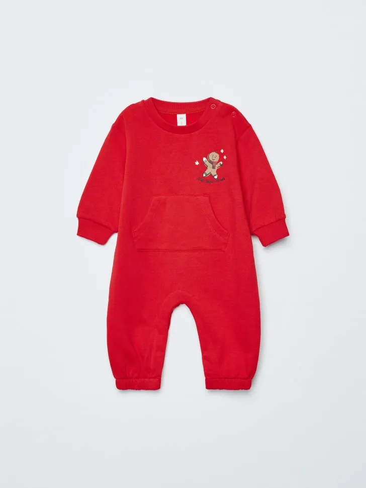 Новогодний комбинезон из футера с начесом, красный, арт. 15279