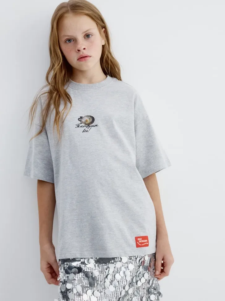 Футболка оверсайз для девочек, серый, арт. 15404