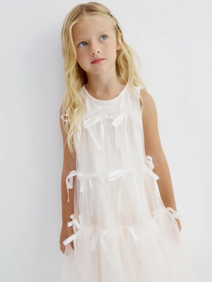Ярусное платье с бантиками для девочек, белый, арт. 15412