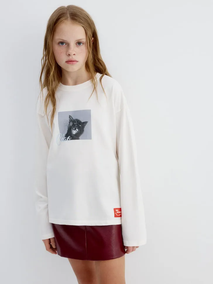 Лонгслив оверсайз для девочек SELA x Мосфильм, белый, арт. 15426
