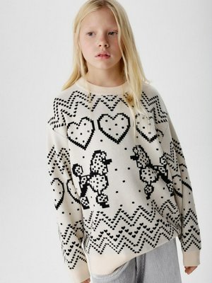 Новогодний вязаный джемпер для девочек, молочный, черный, арт. ndg2024