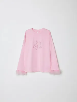 Лонгслив оверсайз с перьями и стразами, арт. 15486