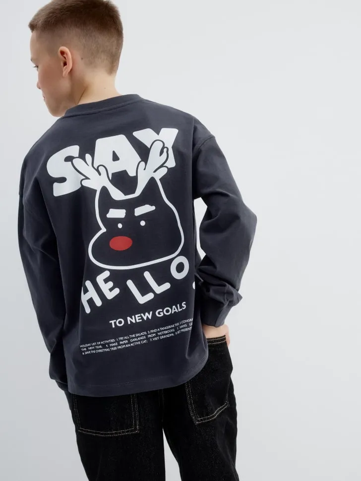 Лонгслив оверсайз с новогодним принтом, серый, арт. 15493