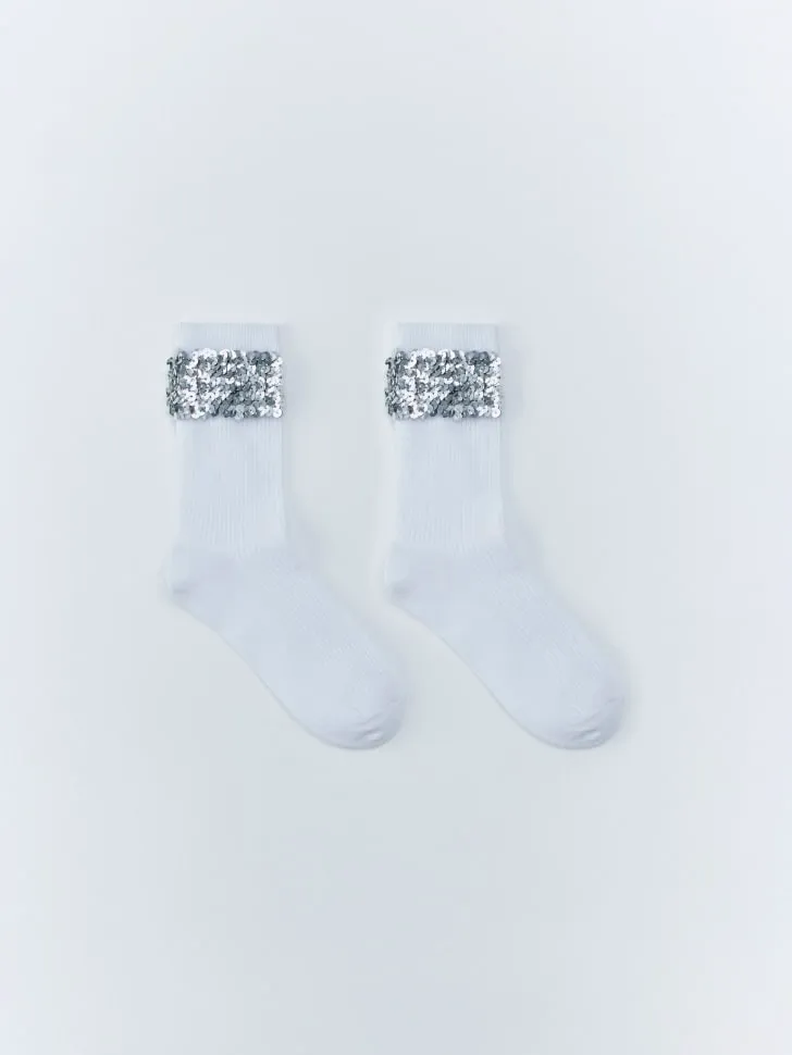 Высокие носки с пайетками для девочек, белый, арт. 15499