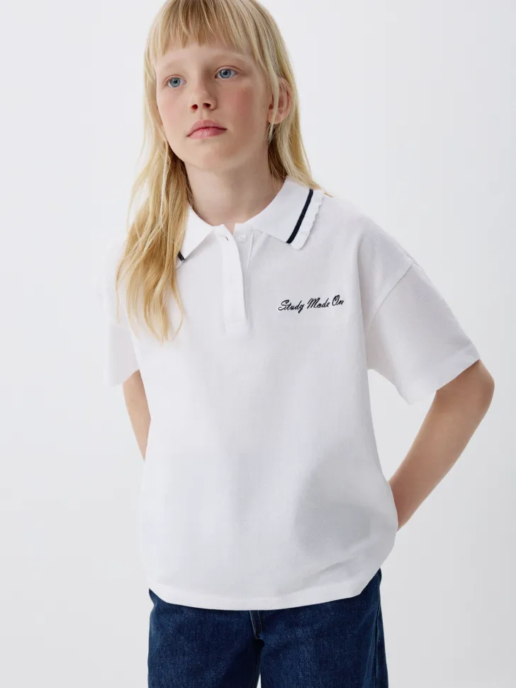 Футболка поло с вышивкой для девочек, белый, арт. 1550