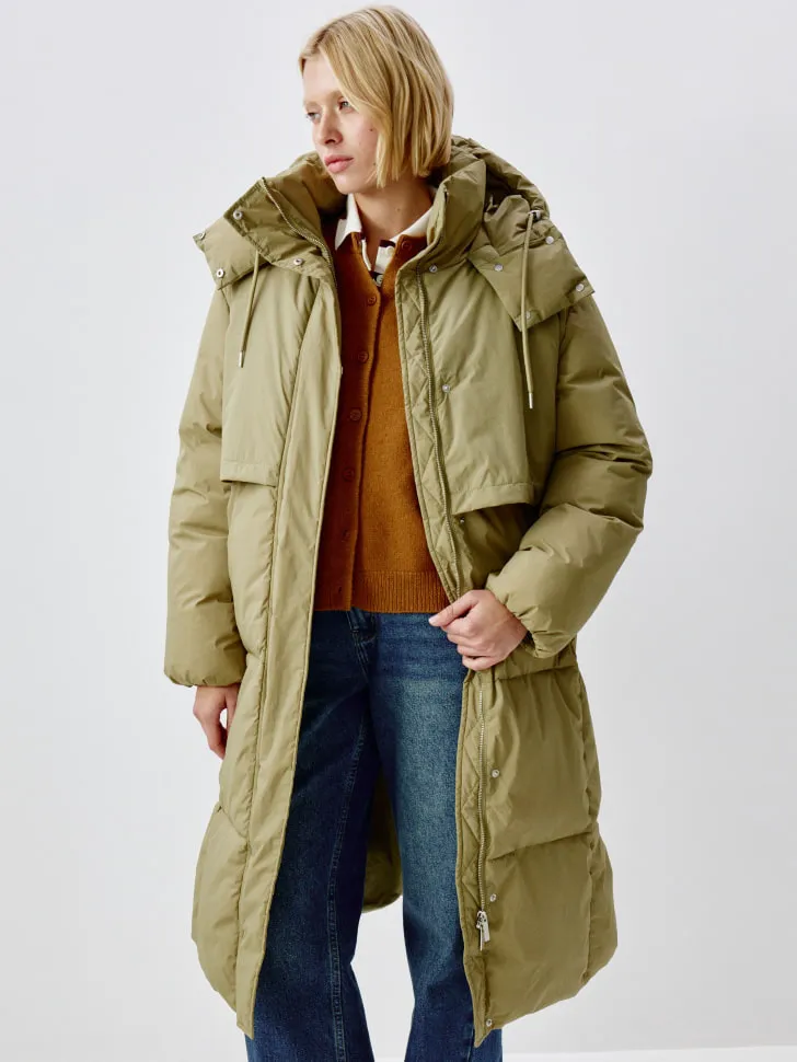 Стеганое пальто с капюшоном, хаки, арт. 15531