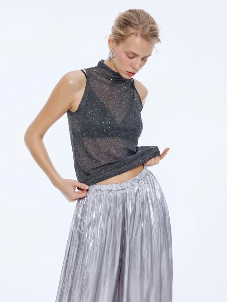 Вязаный топ с воротником и пайетками, серый, арт. 15610