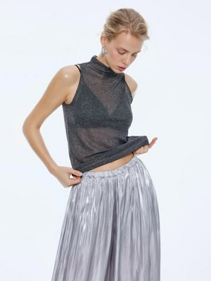 Вязаный топ с воротником и пайетками, темно-серый, серебристый, арт. art001