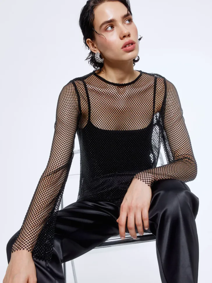 Вечерний топ из сетки со стразами, черный, арт. 15615