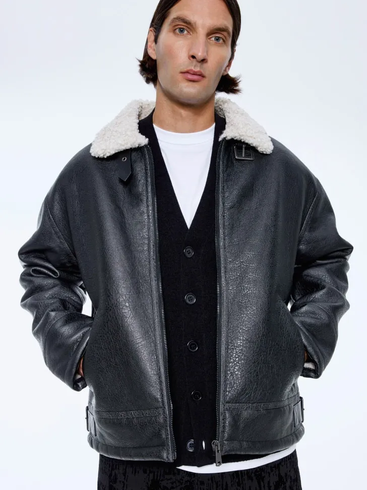 Дубленка из искусственной кожи и меха, черный, арт. 15616