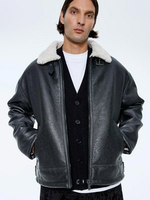 Дубленка из искусственной кожи и меха, черный, белый, арт. mdl001