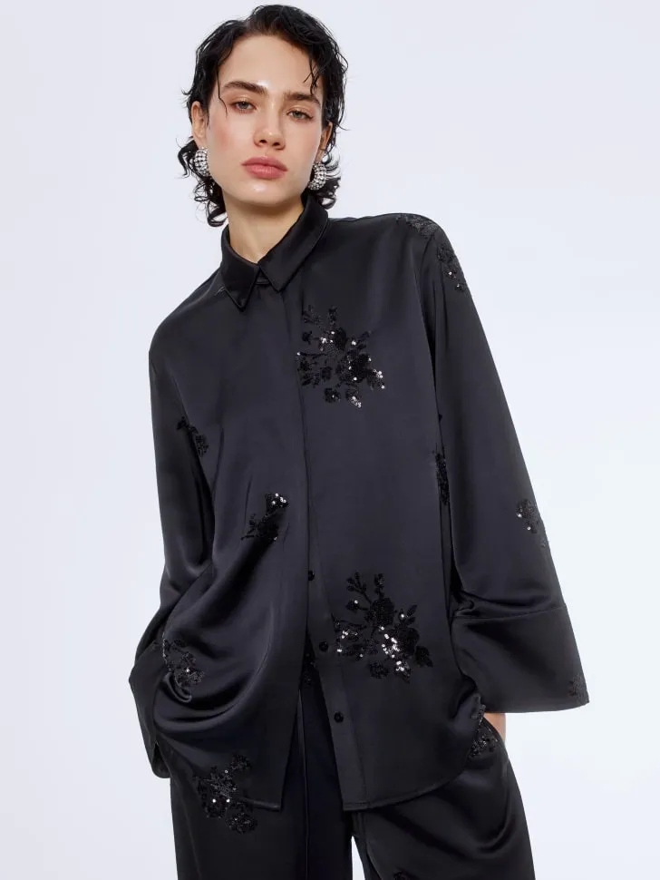 Сатиновая рубашка оверсайз с пайетками, черный, арт. 15619