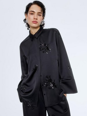Сатиновая рубашка оверсайз с пайетками, черный, арт. n/a
