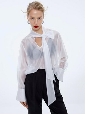 Полупрозрачная блузка с бантом, белый, арт. 15639