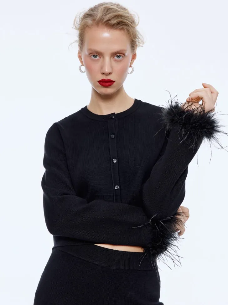 Вязаный кардиган с перьями, черный, арт. 15644