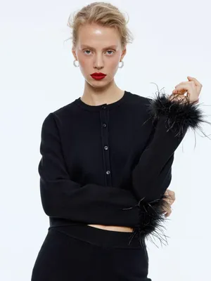 Вязаный кардиган с перьями, черный, арт. 15644
