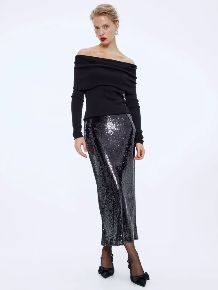 Юбка миди с пайетками, черный, арт. 15646