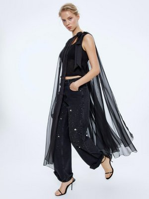 Джинсы WIDE LEG с подвесками и стразами, черный, арт. 0001