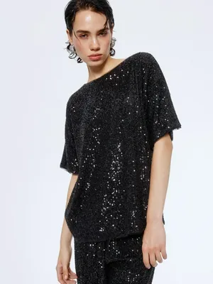 Футболка оверсайз с пайетками, черный, арт. 15655