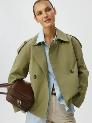 Короткий двубортный тренч из твила, арт. 1566