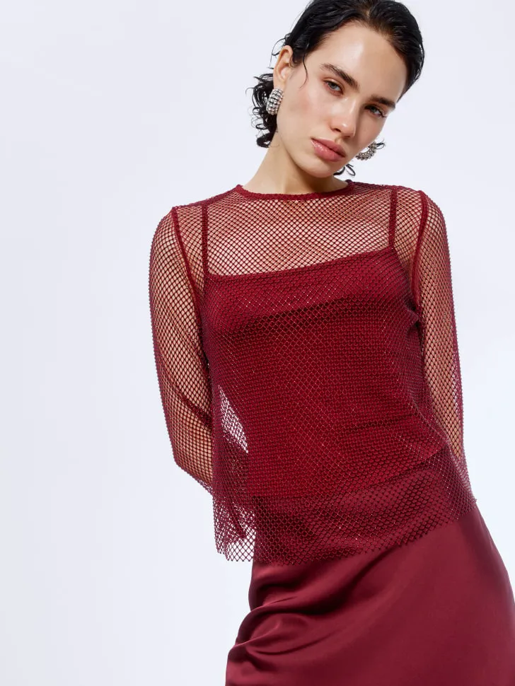 Вечерний топ из сетки со стразами, бордовый, арт. 15672
