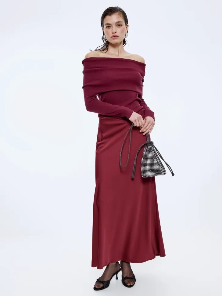 Сатиновая юбка макси, бордовый, арт. 15673