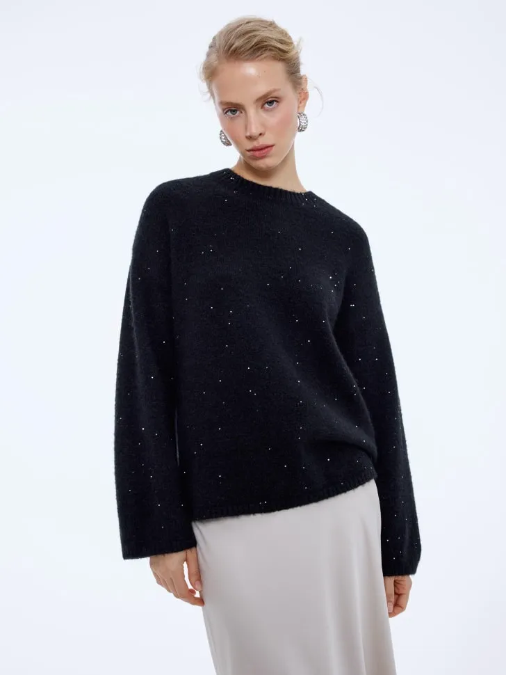 Джемпер с пайетками, из шерсти, черный, арт. 15677