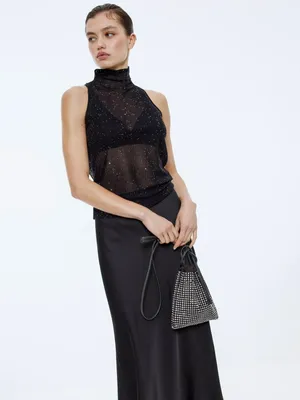 Вязаный топ с воротником и пайетками, черный, арт. 15679