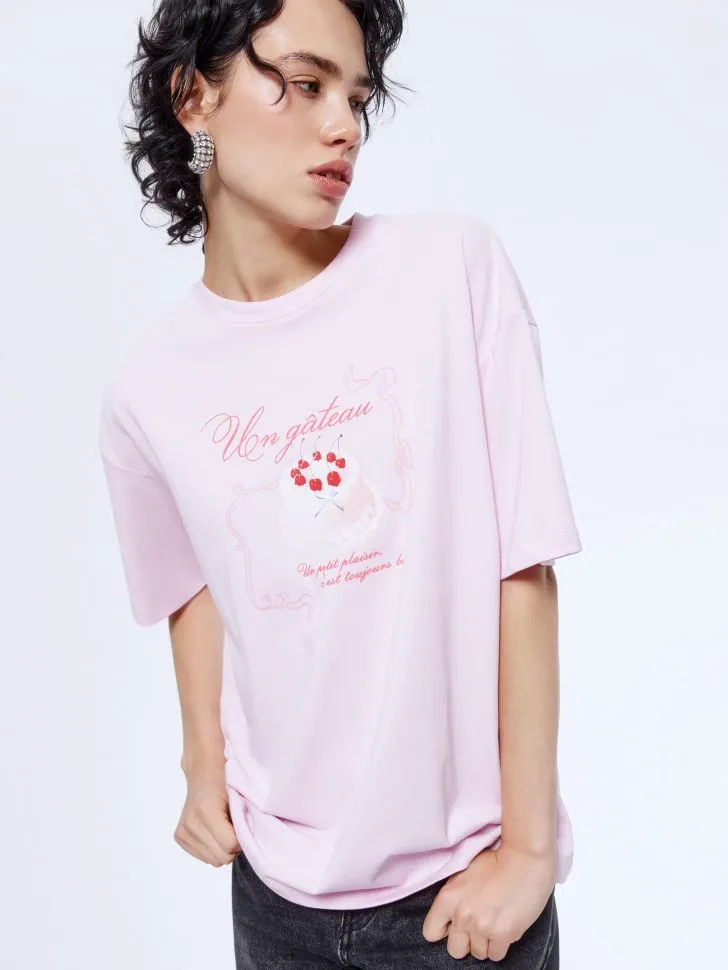 Футболка оверсайз с принтом и патчем, розовый, арт. 15703