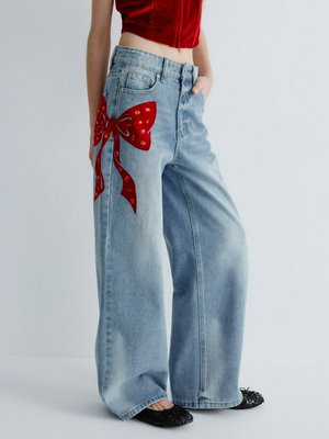 Джинсы Wide leg с бантом со стразами, арт. 15707