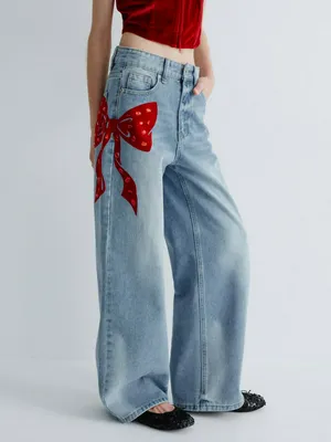 Джинсы Wide leg с бантом со стразами, арт. 15707