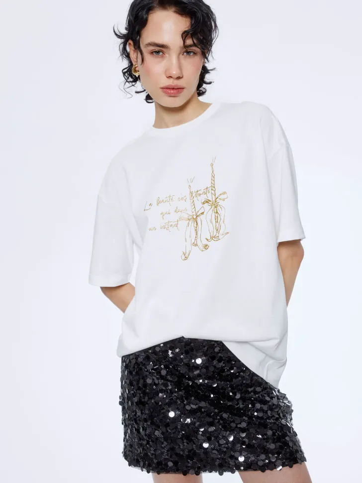 Футболка оверсайз с принтом и патчем, белый, арт. 15709