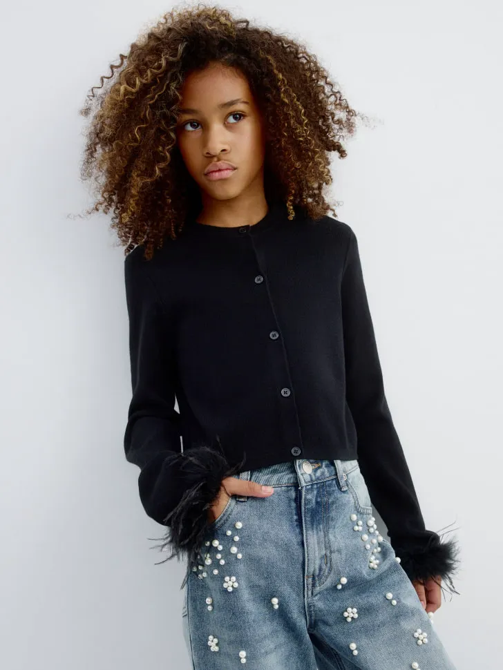 Вязаный кардиган с перьями, черный, арт. art001