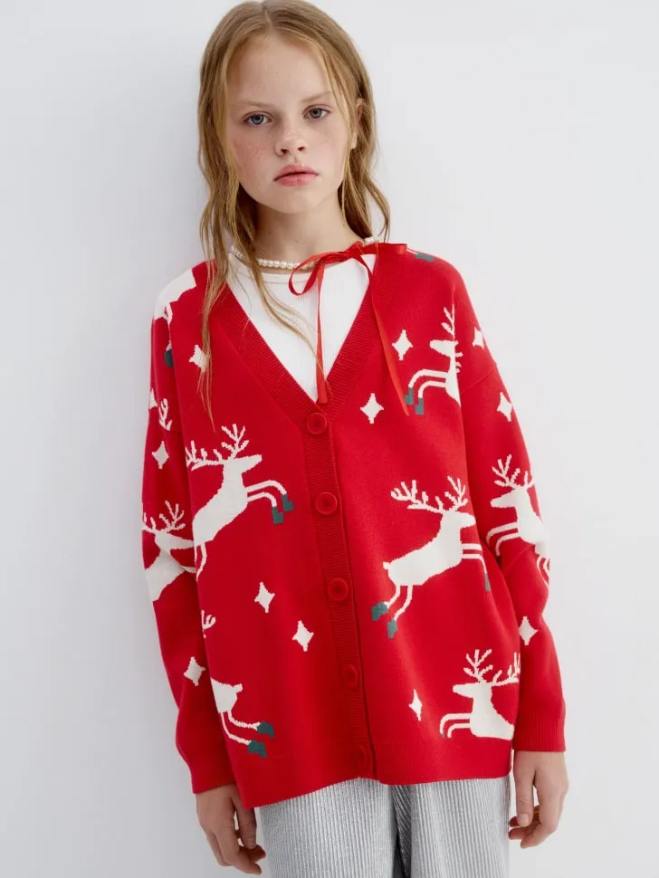 Вязаный кардиган с жаккардовым принтом, разноцветный, арт. 15716