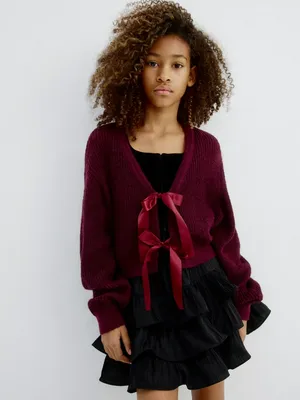 Вязаный кардиган из смесовой шерсти с бантиками, бордовый, арт. n/a