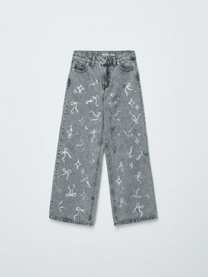 Джинсы WIDE LEG с бантиками, серый, белый, арт. artwldb001