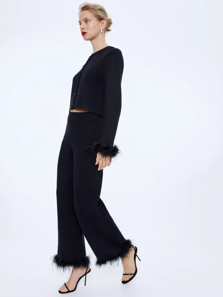 Вязаные брюки-кюлоты с перьями, черный, арт. 15730