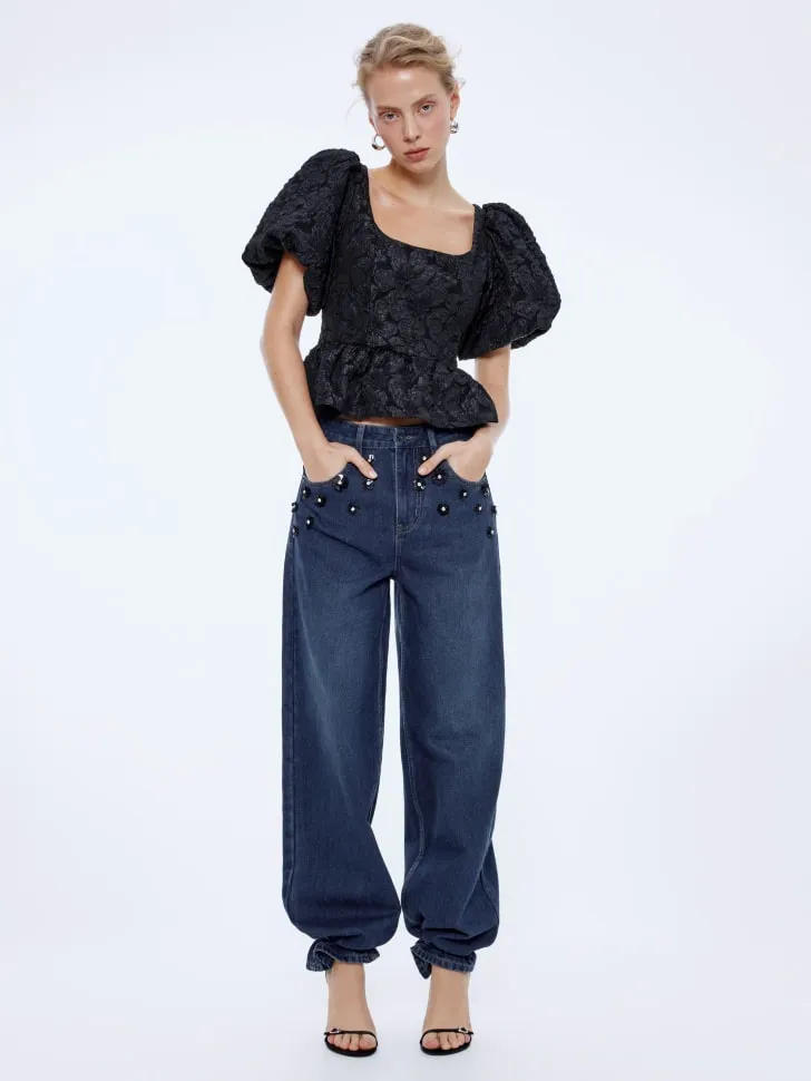 Джинсы Loose straight с цветочным декором, синий, арт. 15741