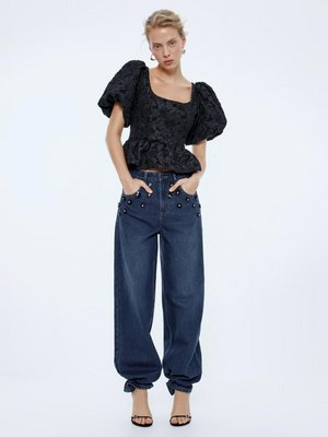 Джинсы Loose straight с цветочным декором, синий, арт. n/a